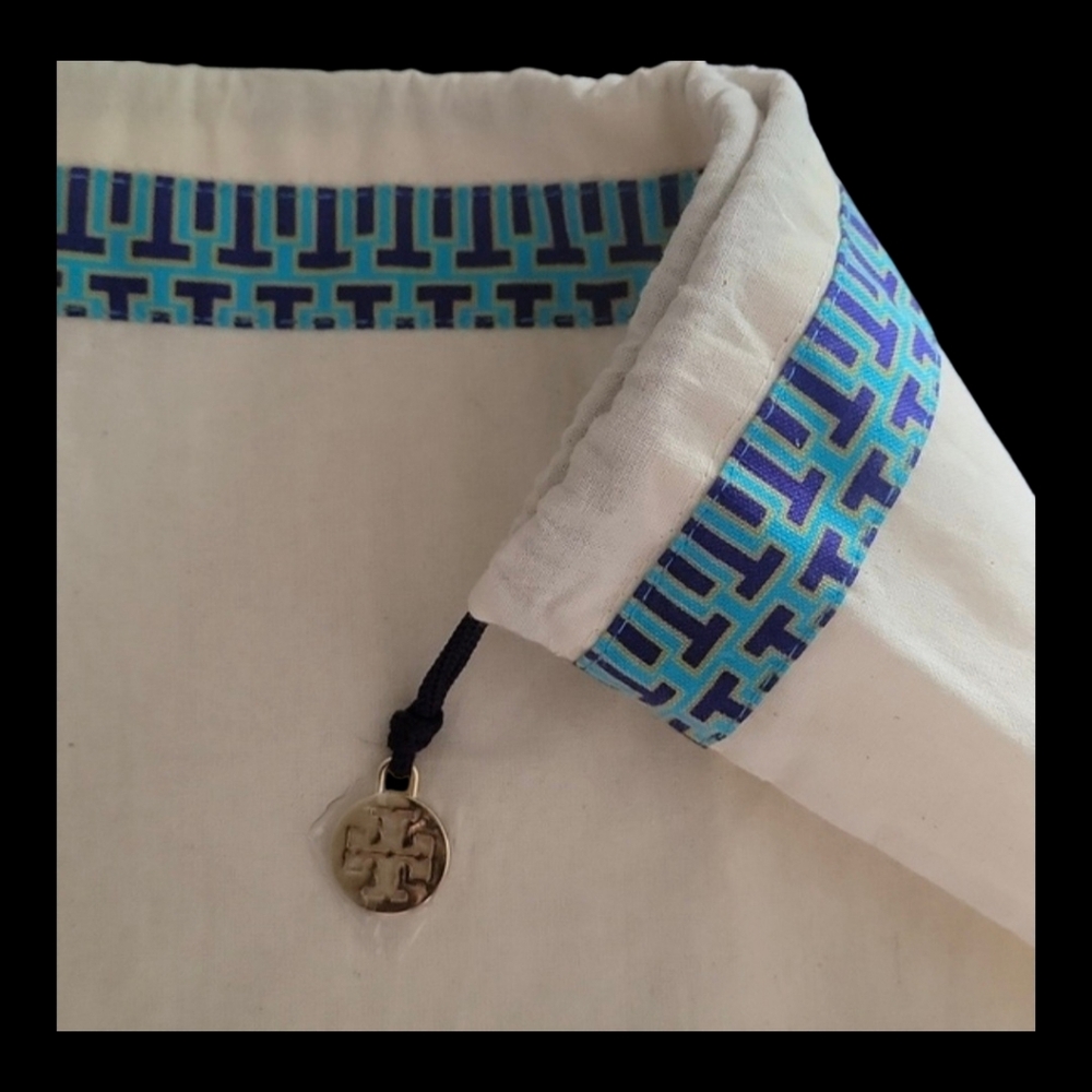 Tory Burch Off White Travel Bag with Blue Geometric Trim